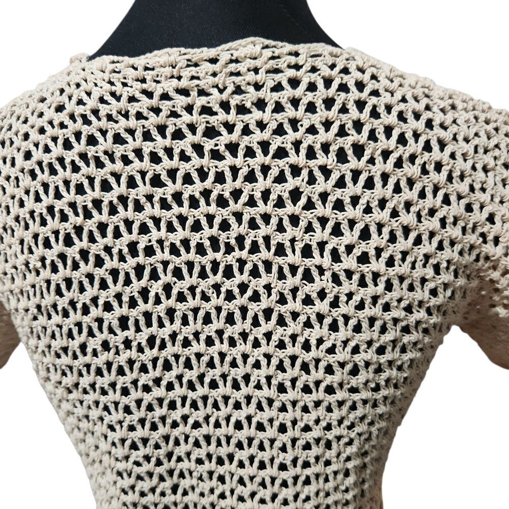 Vintage Crochet Shirt S M Cardigan Ivory Ecru Doily Scallop Loose Weave V Neck - Picture 2 of 10